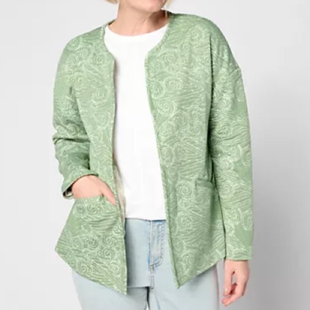 QVC Denim & Co. Canyon Retreat Spring Quilted Jacket Open Front Boho Blazer Sz L